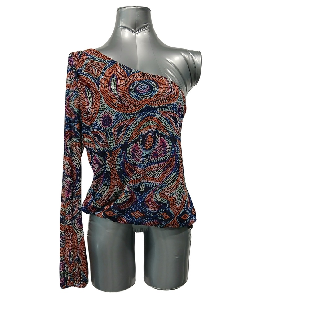 Vintage Y2K One Shoulder Mesh Stretch Going Out Top Mosaic Print Sm indie Sleaze